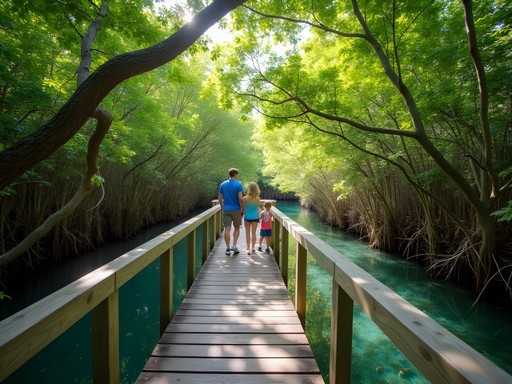 Children exploring the mangrove boardwalk ecosystem north of Speightstown