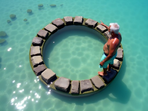 Local knowledge keeper showing traditional stone fish traps threatened by rising sea levels in Kiribati