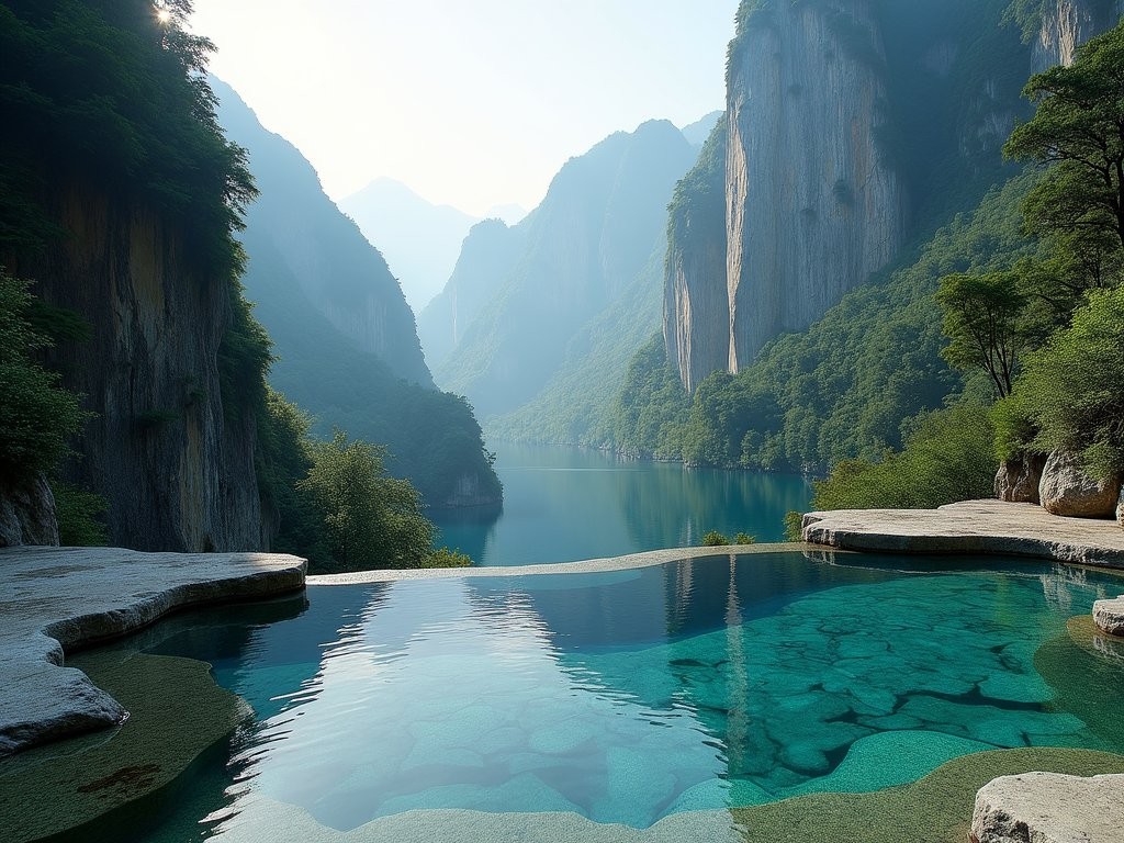 Natural infinity pools overlooking Taroko Gorge with misty mountains in background
