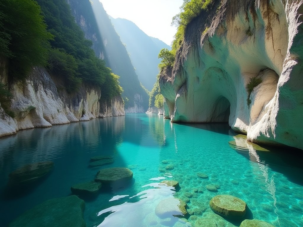 Turquoise natural swimming hole surrounded by marble cliffs in Taroko Gorge