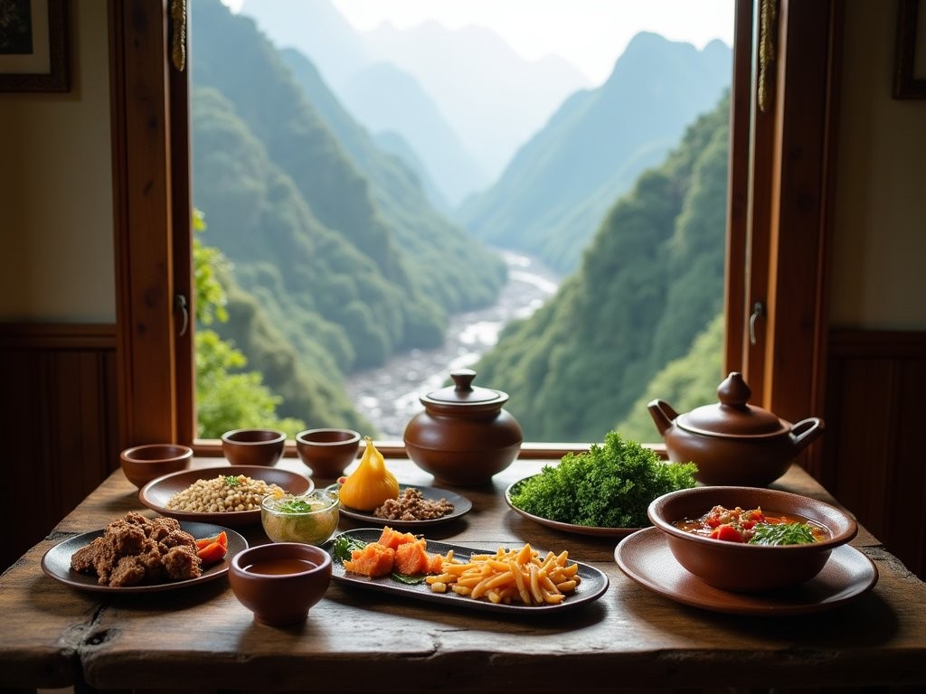 Traditional Truku indigenous meal with mountain herbs and millet wine overlooking Taroko Gorge