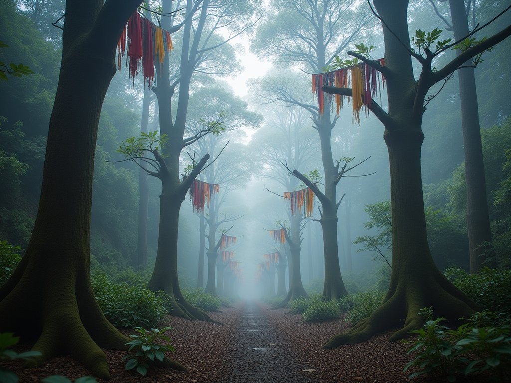 Traditional Truku sacred site with prayer cloths tied to trees in misty Taroko forest