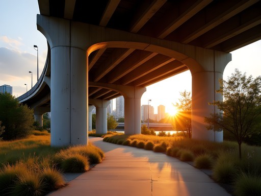 The Bentway public space under the Gardiner Expressway at sunset with art installations