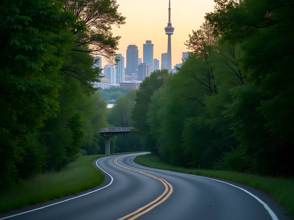 Scenic view of Toronto skyline from the Don Valley motorcycle route with winding road