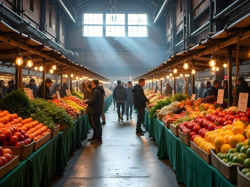 Bustling farmers market at Evergreen Brick Works with local produce displays