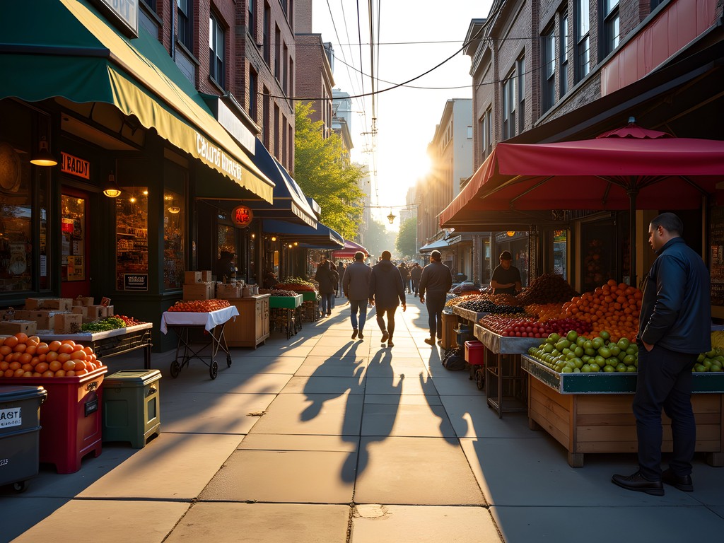Early morning in Kensington Market with local vendors setting up colorful produce displays