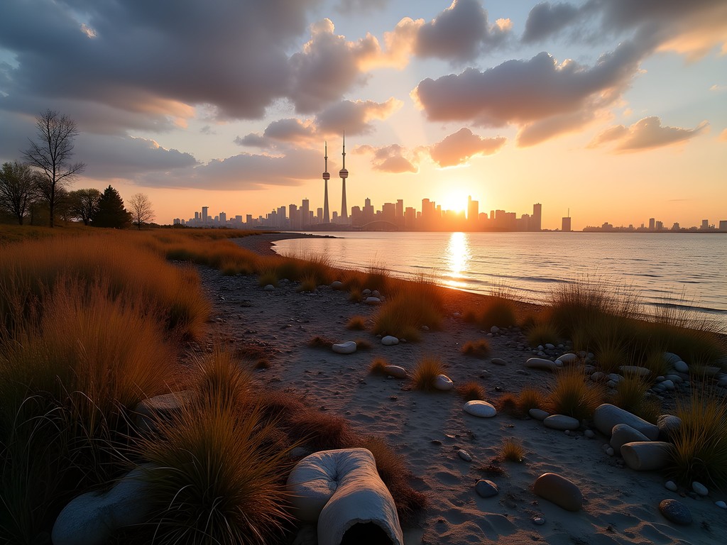 Sunset view of Toronto skyline from Leslie Street Spit with naturalized shoreline