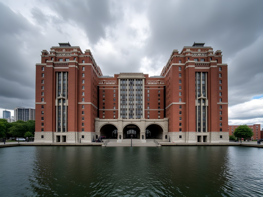 Art Deco architecture of the R.C. Harris Water Treatment Plant against Lake Ontario