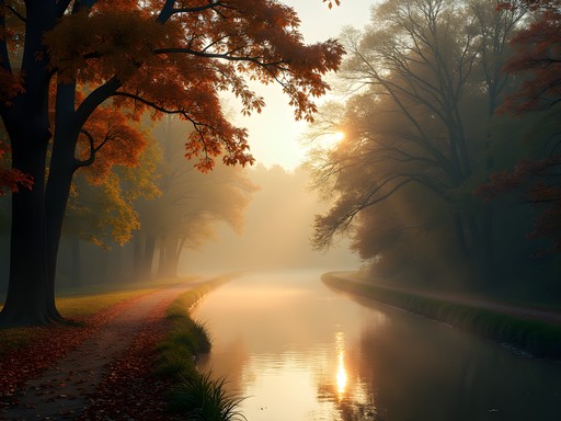 Misty autumn morning along the Delaware and Raritan Canal State Park Trail in Trenton