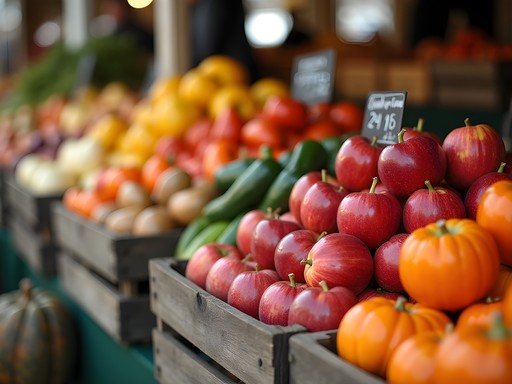 Colorful autumn produce display at Trenton Farmers Market with heirloom apples and gourds