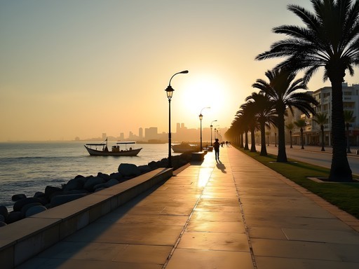 Early morning run along Tripoli's Corniche with fishermen and Mediterranean views