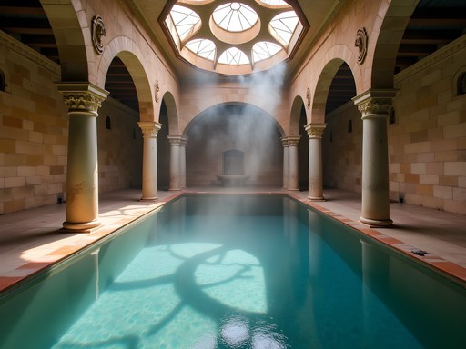 Historic interior of Hammam Al-Abed in Tripoli with traditional Ottoman architecture and steam