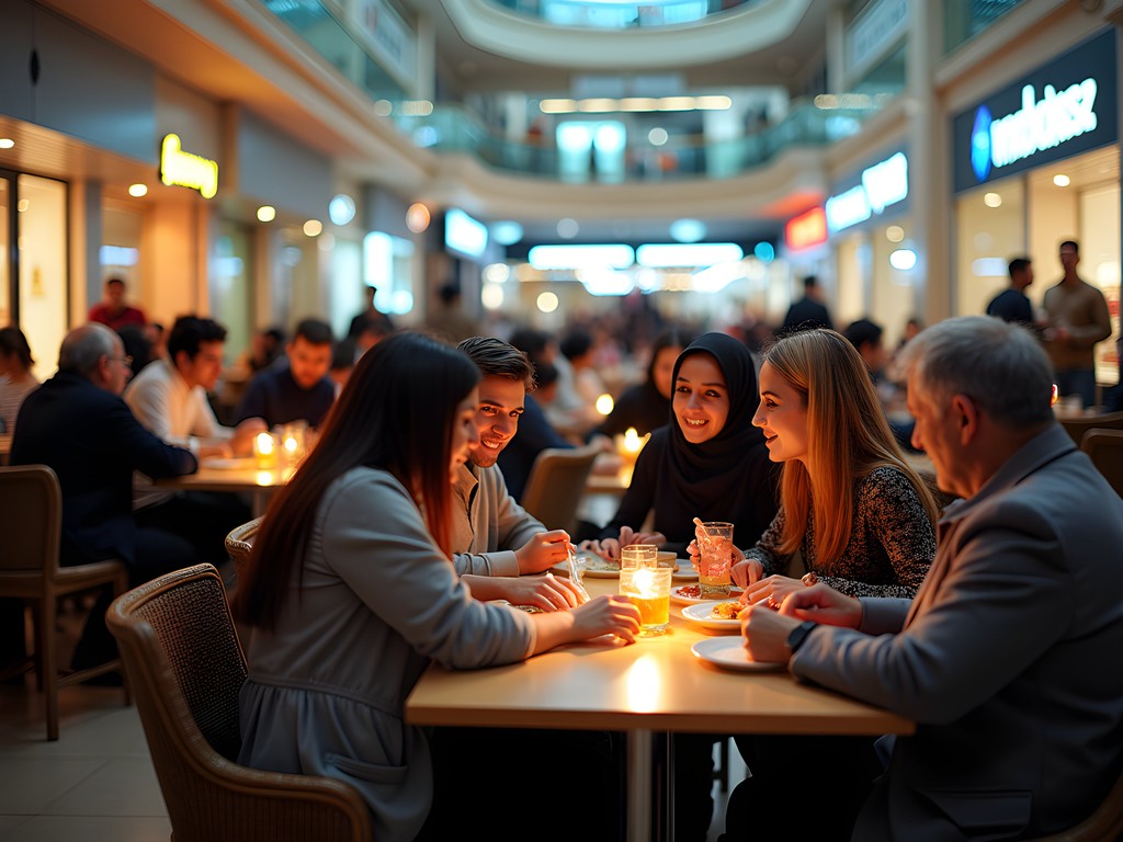 Evening gathering of local Lebanese families in Tripoli's Palm City Center mall food court