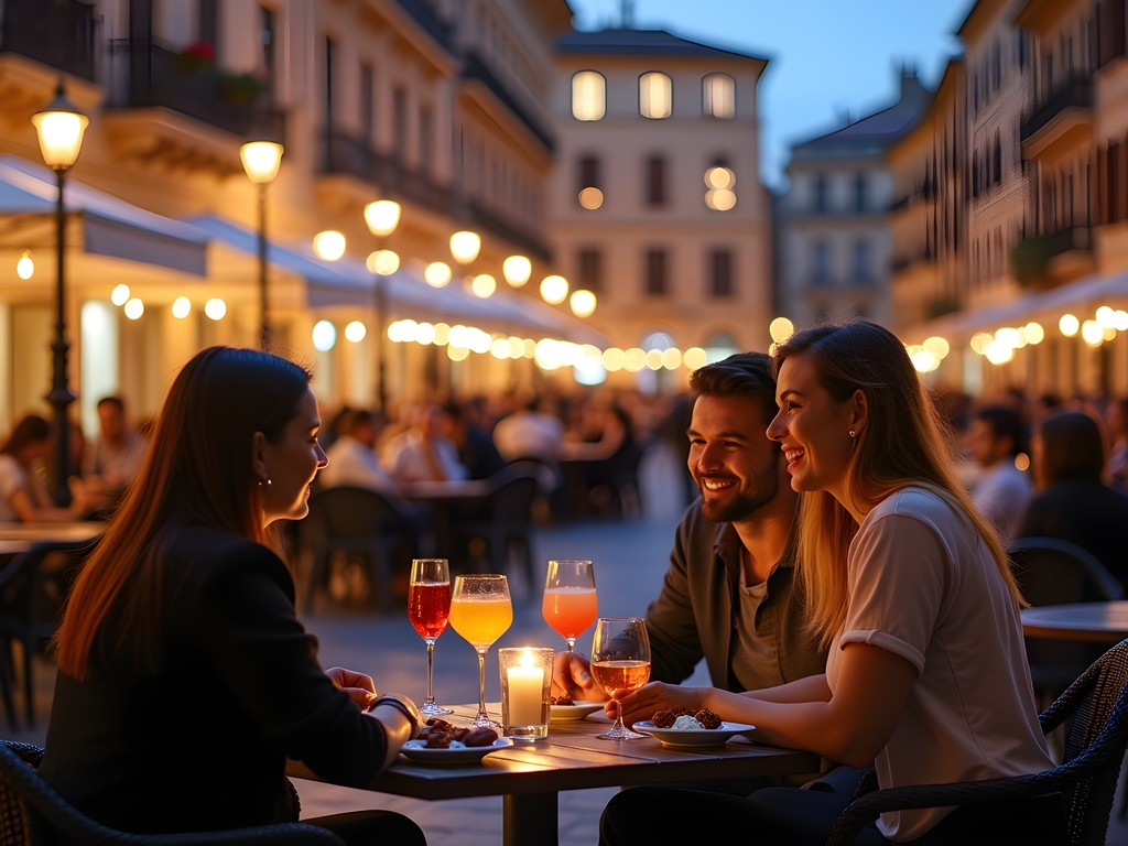 Evening aperitivo scene in a Turin piazza with couples enjoying drinks