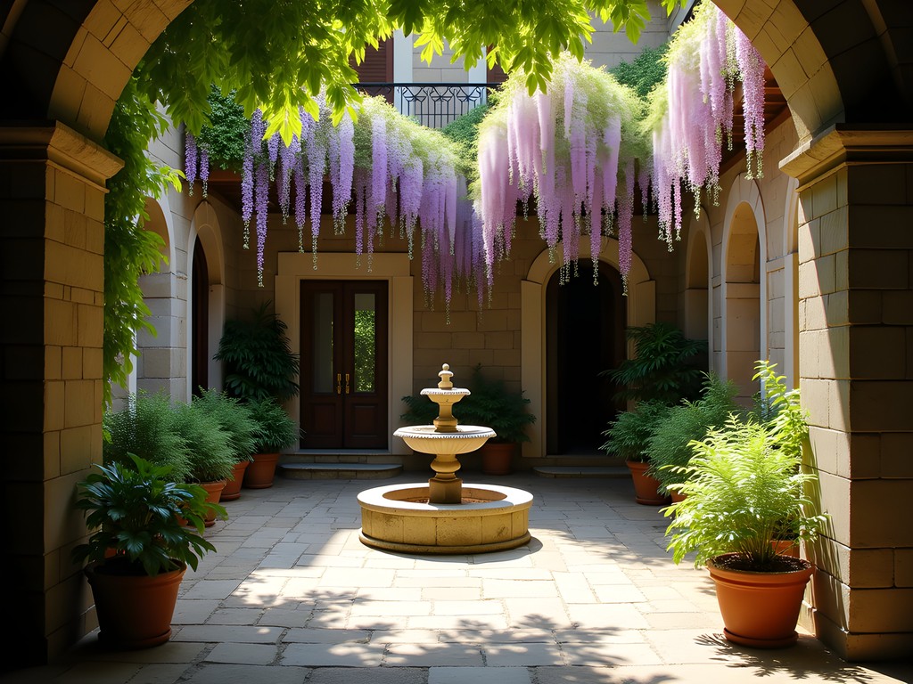 Flowering hidden courtyard in Turin's historic center during spring