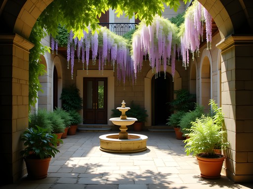 Flowering hidden courtyard in Turin's historic center during spring