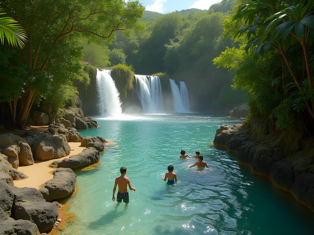 Rochester Falls in Mauritius with locals enjoying the natural swimming pools