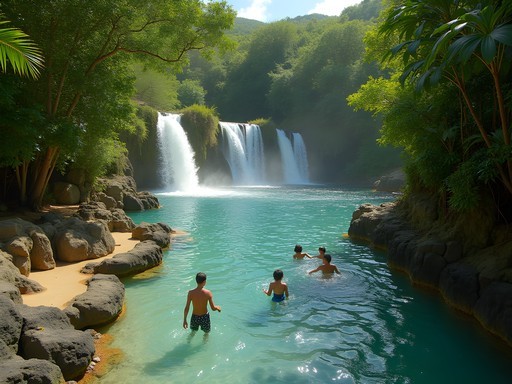 Rochester Falls in Mauritius with locals enjoying the natural swimming pools