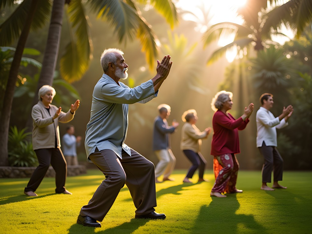 Morning tai chi practice in Vacoas Garden with local community members