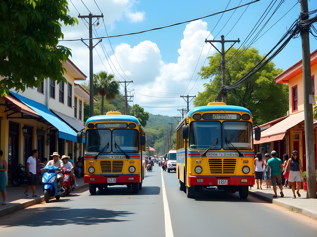 Colorful local buses and scooters on a busy Vacoas street with shops and pedestrians