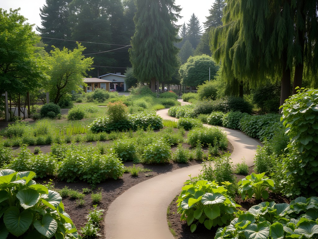 Winding paths through the lush Strathcona Community Garden in East Vancouver