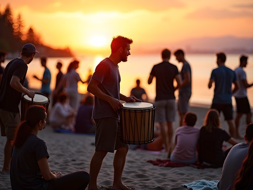 Sunset drum circle gathering at Third Beach in Stanley Park, Vancouver