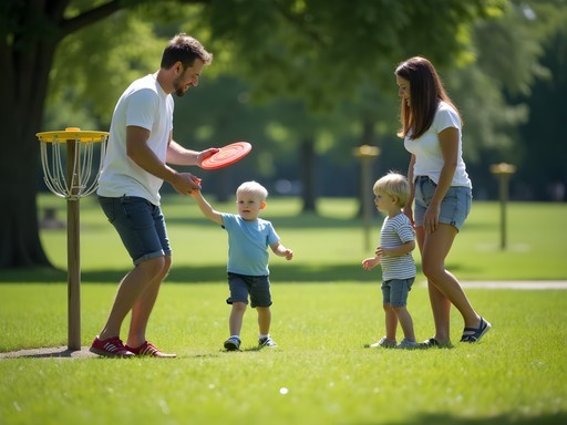 Family enjoying disc golf at Licht Park in Warren Michigan