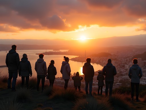 Silhouetted group watching sunrise from Mount Victoria over Wellington Harbor