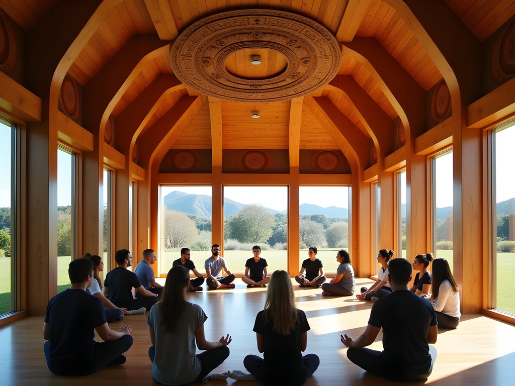 Serene meditation session in Te Papa's contemporary Marae with natural light streaming through windows