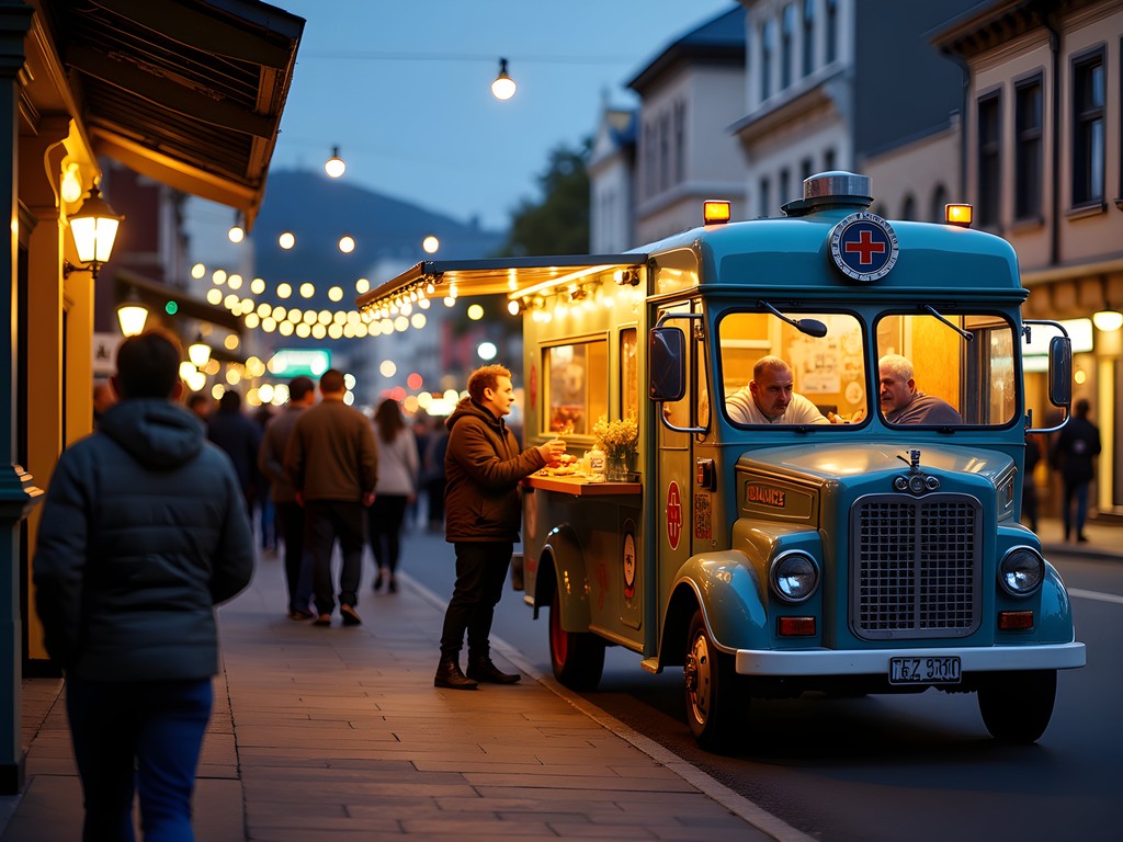 Evening food truck gathering on Cuba Street with locals enjoying diverse cuisine
