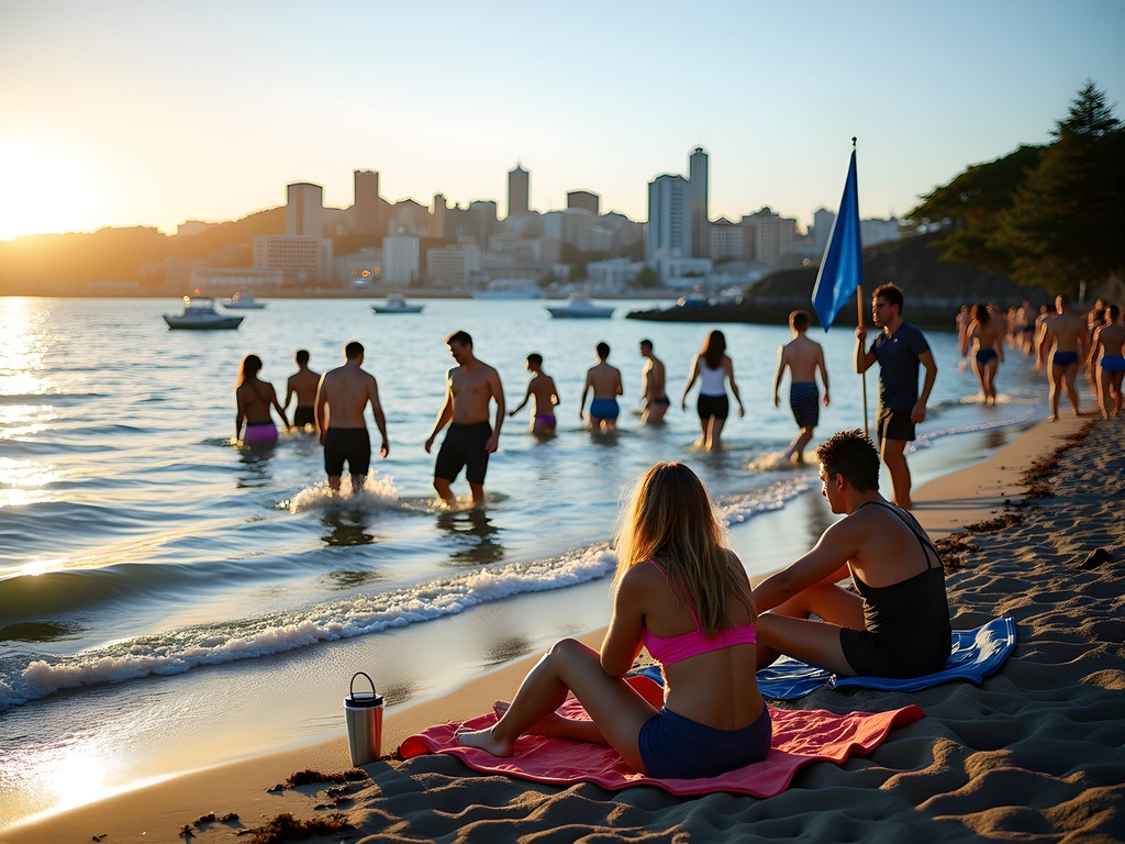 Group of locals enjoying evening water immersion at Oriental Bay with Wellington cityscape behind