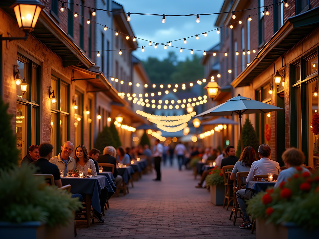 Evening view of restaurant row in downtown Winooski with outdoor seating and string lights