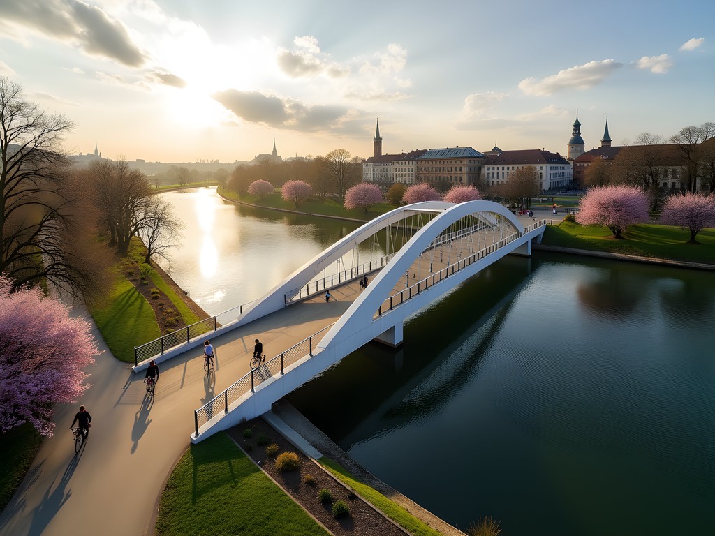 Footbridge connecting France and Germany at Jardin des Deux Rives in springtime
