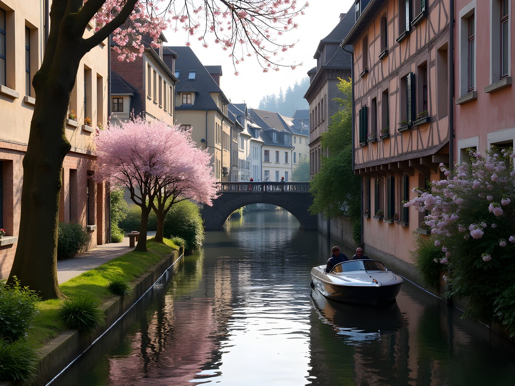 Quiet canal in Strasbourg with small electric boat and medieval architecture