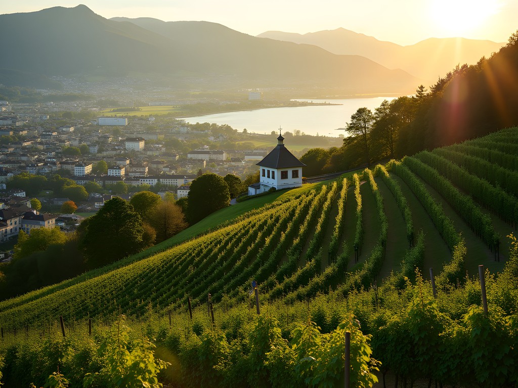 Urban vineyard terraces overlooking Zurich with Lake Zurich and Alps in background