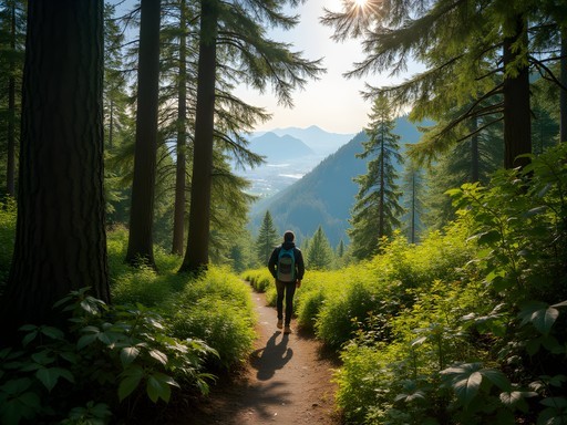 Hidden forest trail on Uetliberg mountain with sunlight filtering through trees