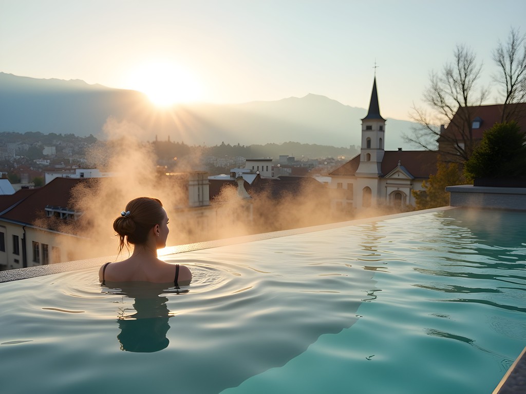 Steaming rooftop thermal bath at Thermalbad & Spa Zürich with city views