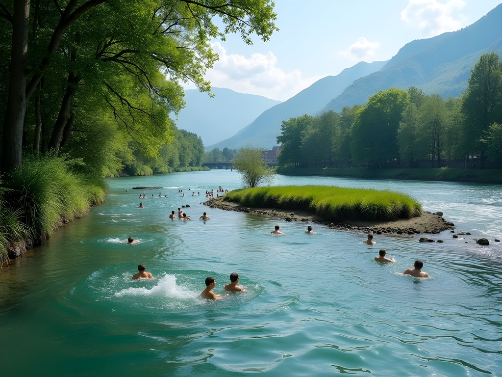 Natural river swimming area at Werdinsel with clear water and mountain views