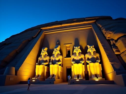 Dawn light illuminating the colossal statues of Ramses II at Abu Simbel with minimal crowds