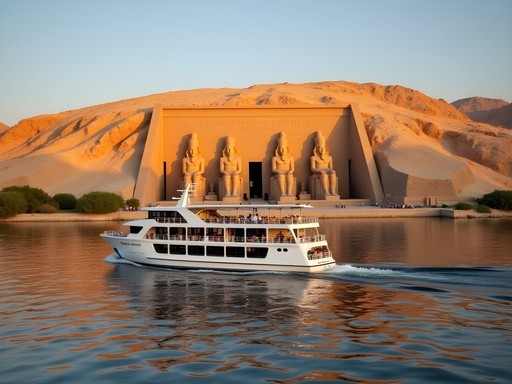 Luxury cruise ship approaching Abu Simbel temples from Lake Nasser at golden hour