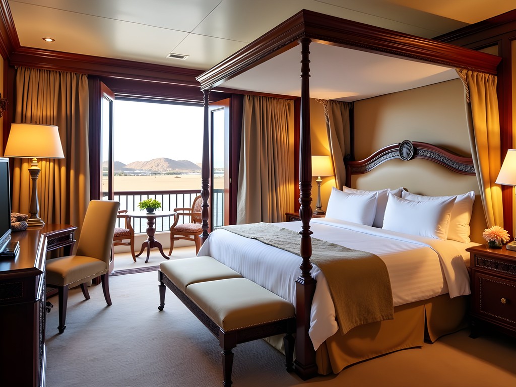 Elegant suite with private balcony on luxury Nile cruise ship overlooking river landscape