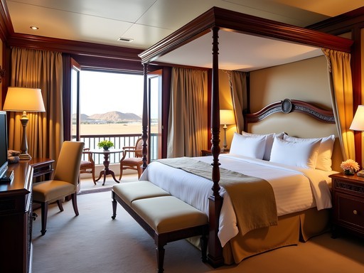 Elegant suite with private balcony on luxury Nile cruise ship overlooking river landscape