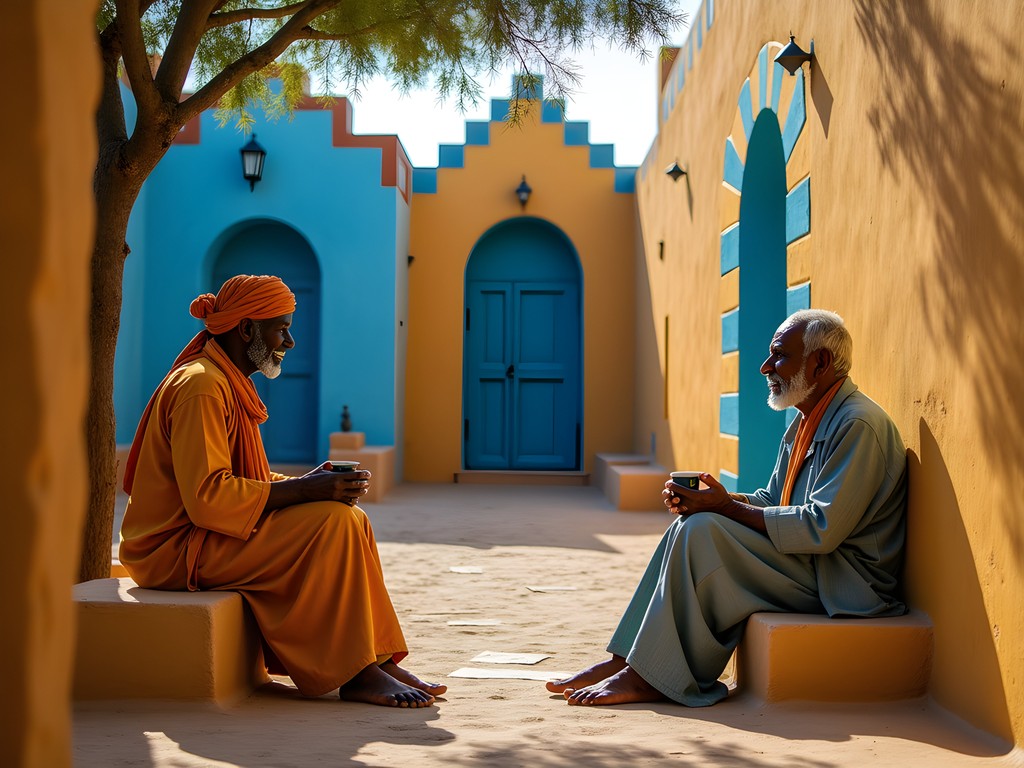 Authentic cultural exchange in a colorful Nubian village with local elders sharing traditions