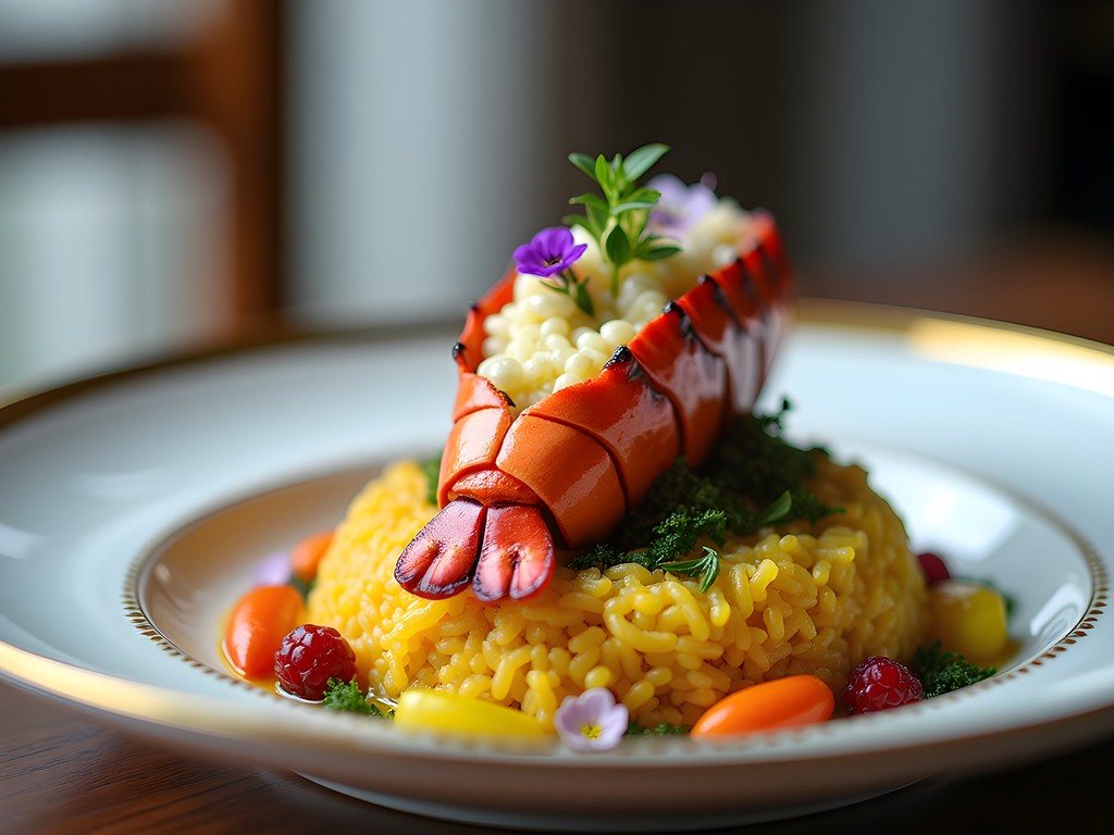 Gourmet jollof rice with grilled lobster at luxury restaurant in Abuja