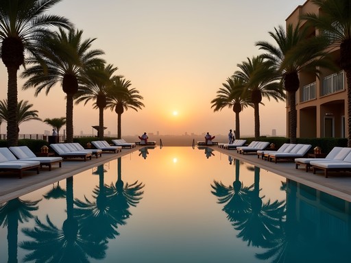 Luxury poolside at Transcorp Hilton Abuja at sunset with city views