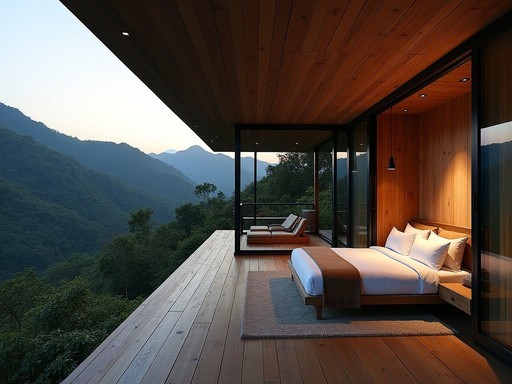 Luxury pavilion at Canaima Lodge with floor-to-ceiling windows overlooking jungle and Angel Falls in distance