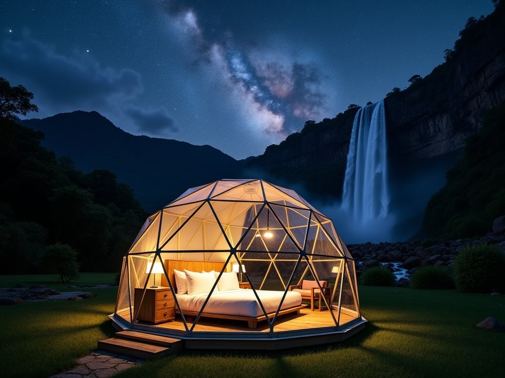 Transparent luxury dome accommodation at the base of Angel Falls at night with stars visible above