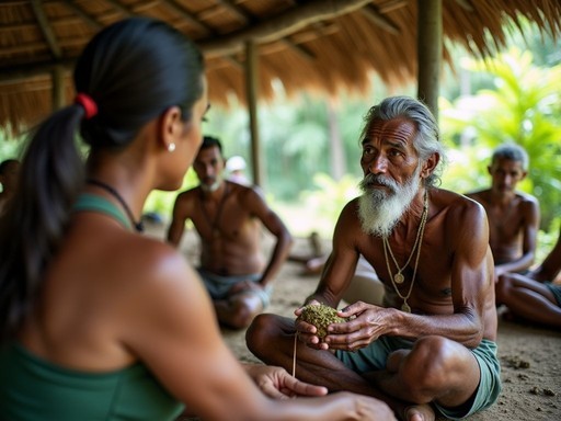 Cultural exchange workshop with Pemón knowledge holders sharing traditional navigation techniques near Angel Falls