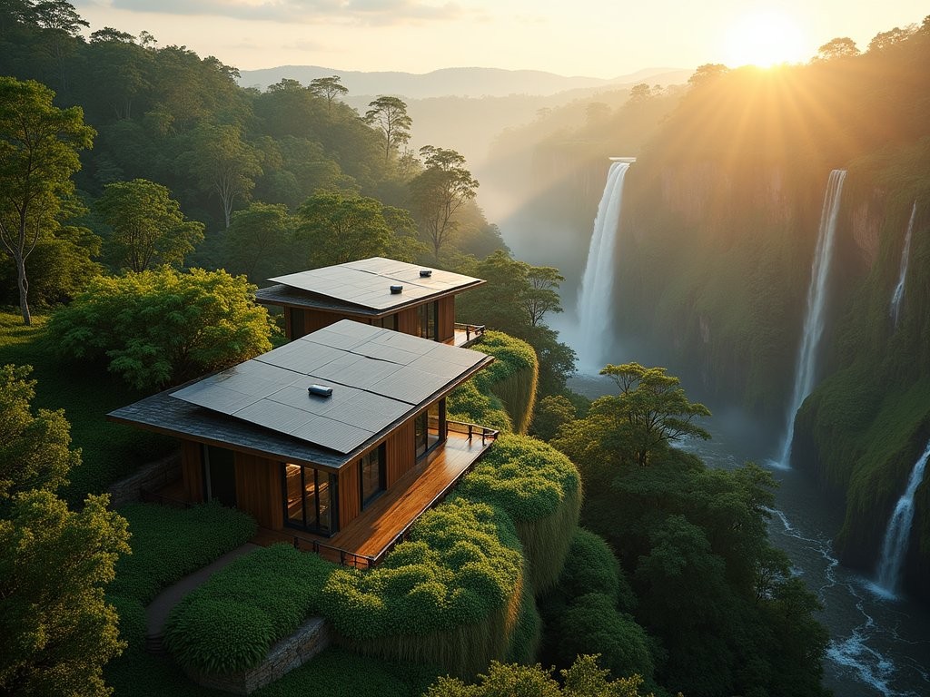 Sustainable luxury development at Angel Falls with solar-powered facilities integrated into natural landscape