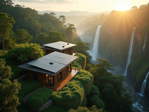Sustainable luxury development at Angel Falls with solar-powered facilities integrated into natural landscape